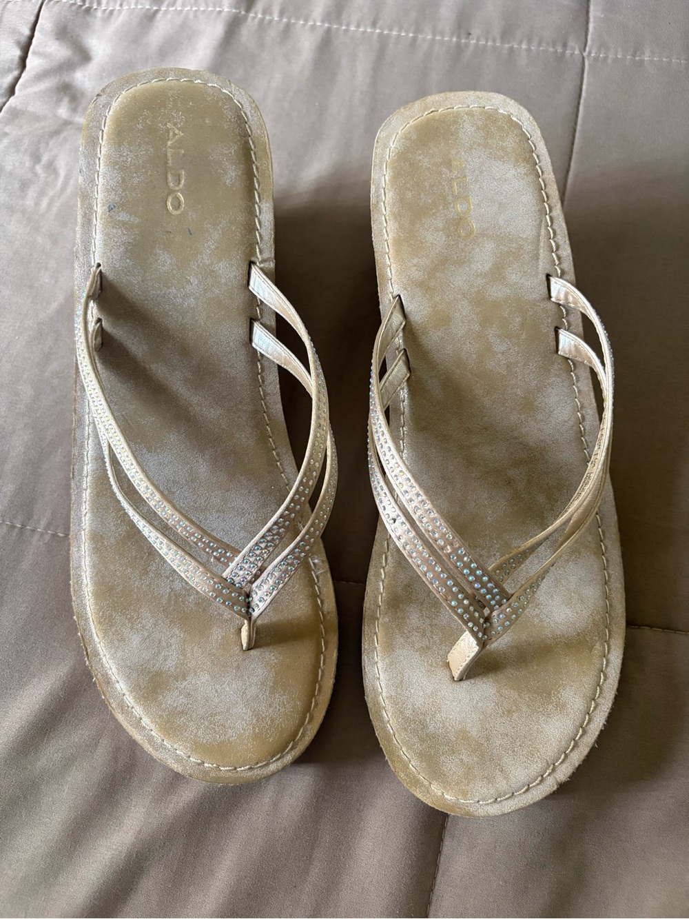 Aldo Gold-Tone Rhinestone Double-Strap Flip Flop Sandals